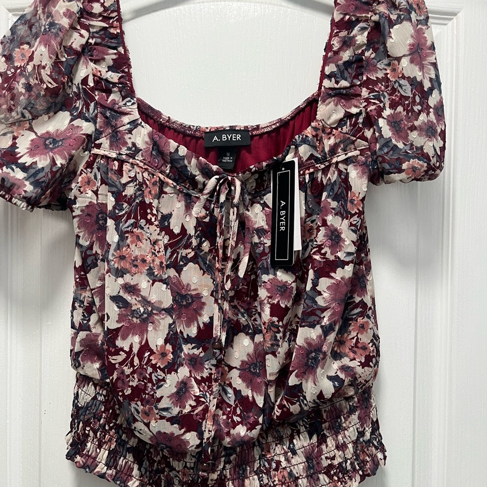 A. Byer Burgundy and Pink Floral Blouse